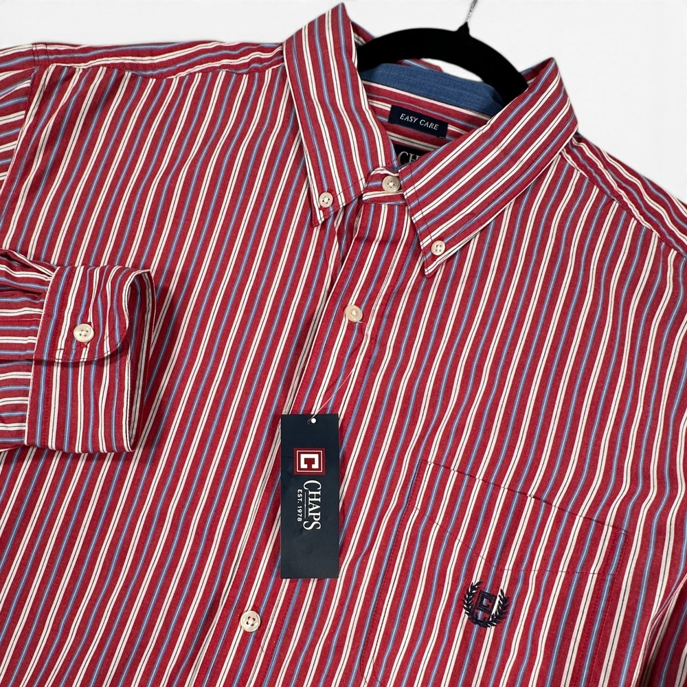 Chaps Button Down Shirt Mens XL Red Striped Easy Care Long Sleeve Preppy NEW